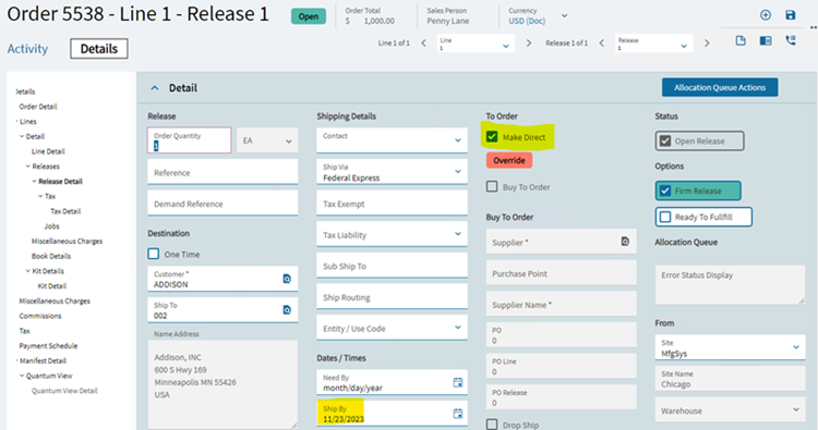 Creating a Make Direct Order in PCID.